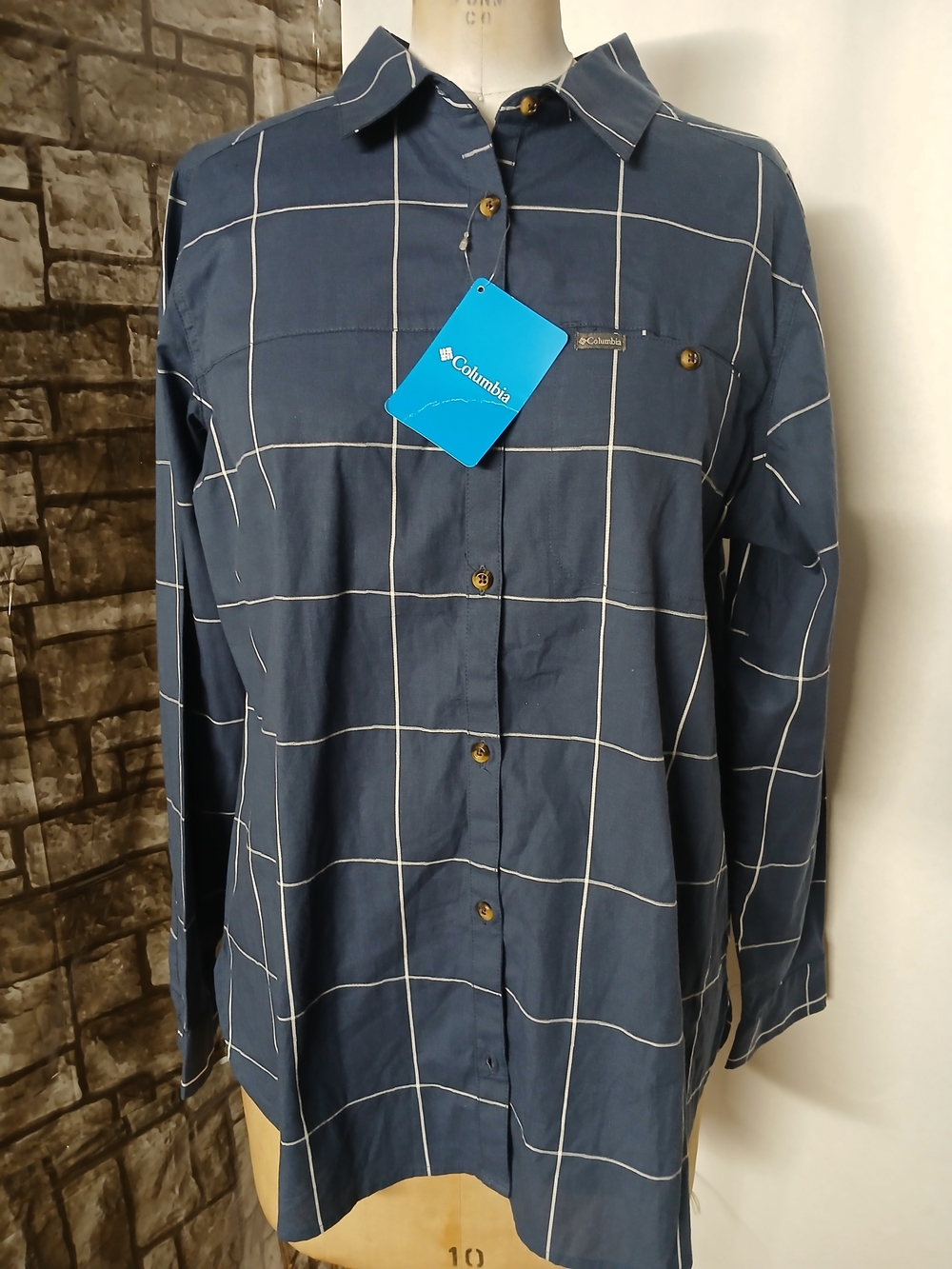 Columbia Women's Navy Windowpane Button-Up Long - Sleeve Shirt